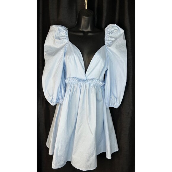 Cider Light Blue Puff Sleeve Mini Dress With Deep V-Neck & Back Zipper Closure o - Picture 1 of 11